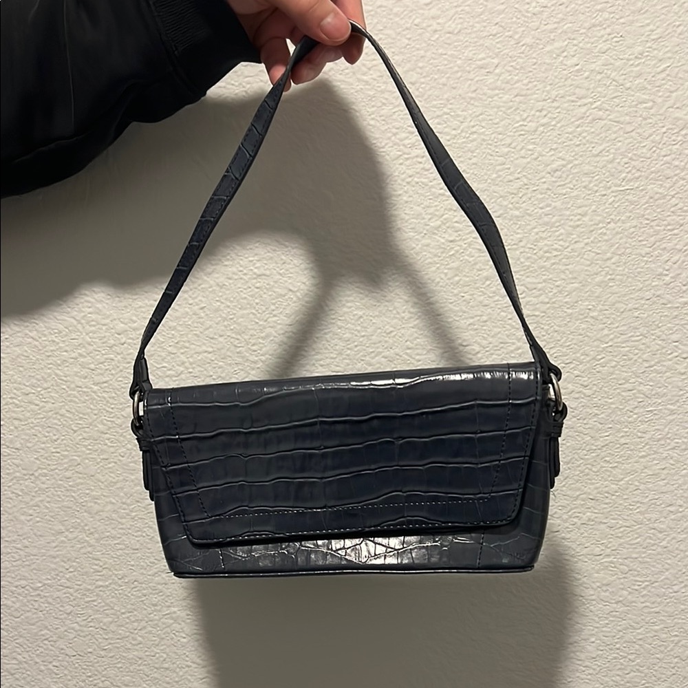 Navy Crocodile-Embossed Shoulder Bag